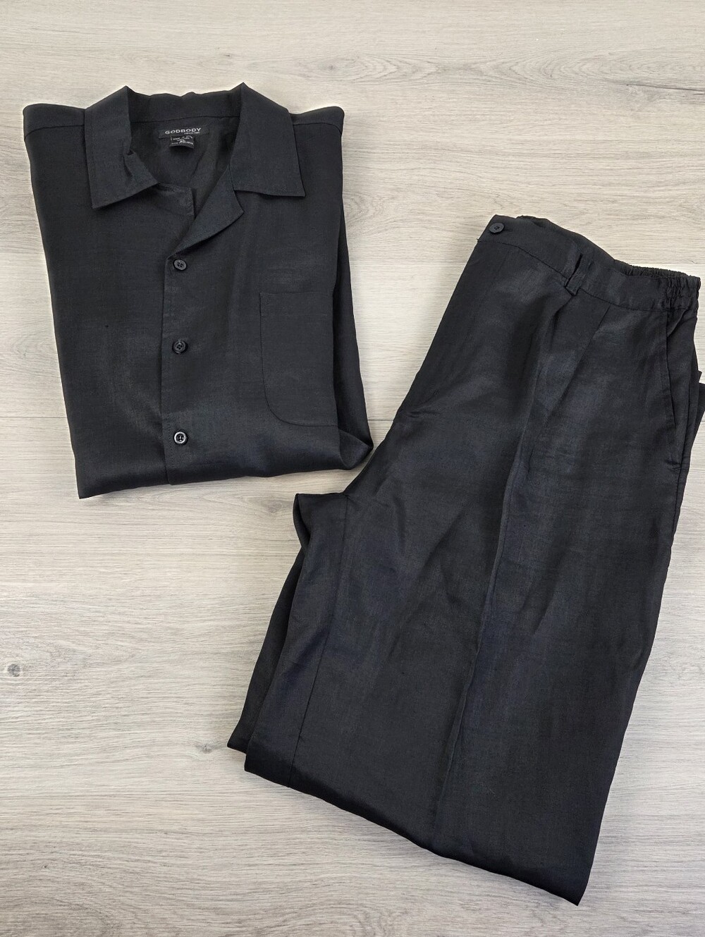 Vtg Godbody Linen Shirt And Trouser Set Mens XL Black Short Sleeve Solid 36x32